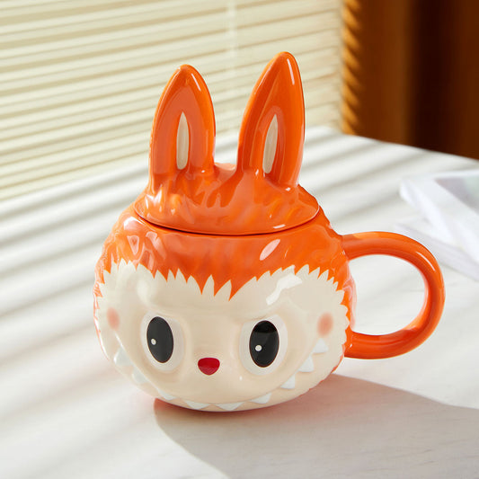 Labubu Bunny Ear Ceramic Mug with Lid – Sculpted Character Drinkware Cup